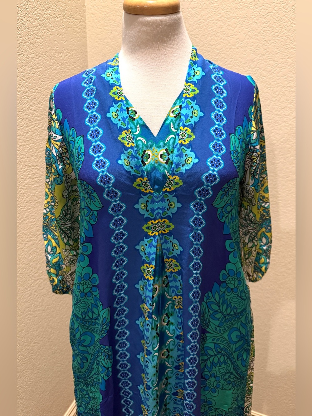 Johnny Was Kahinu 100% Silk Maxi Dress Kaftan Blue Green Floral XS NEW - Picture 8 of 14